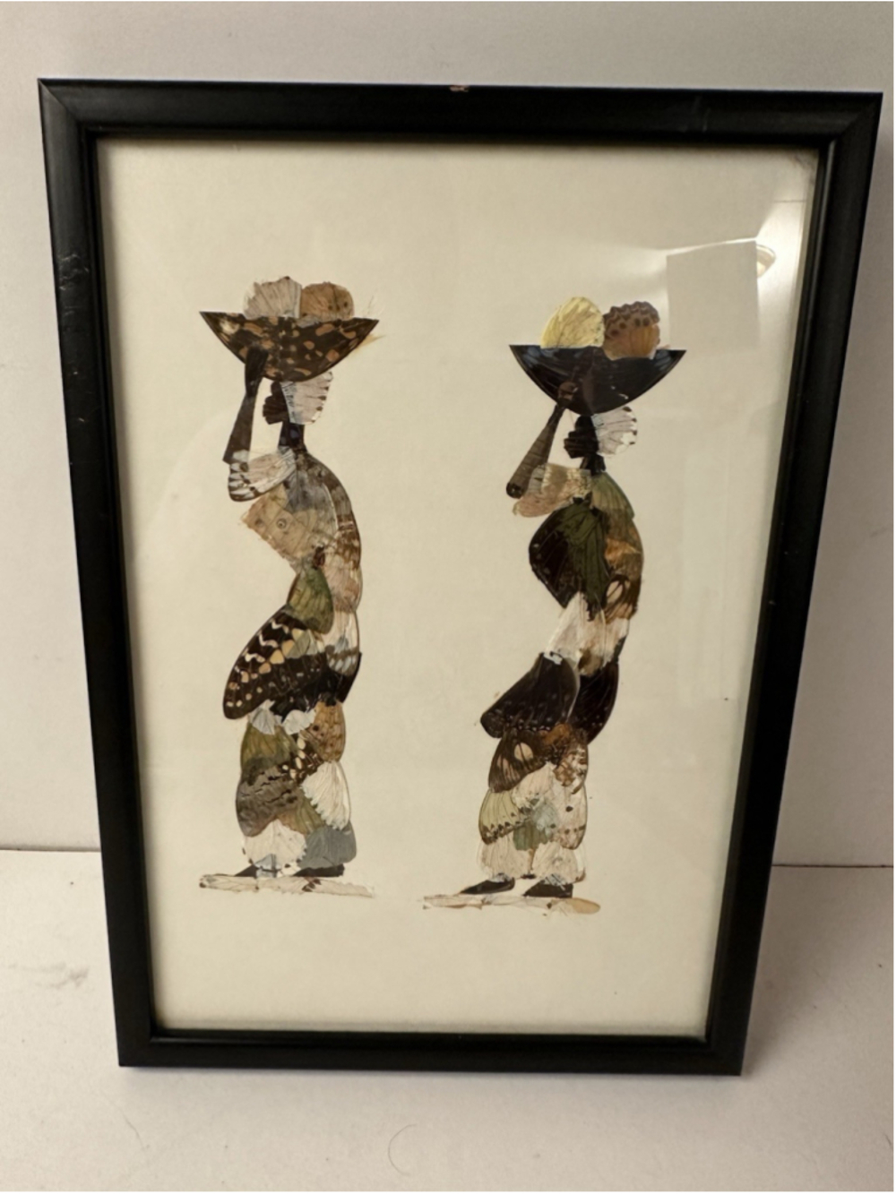 Vintage Real Butterfly Wing Art Collage Framed African Women Figures Wall Decor